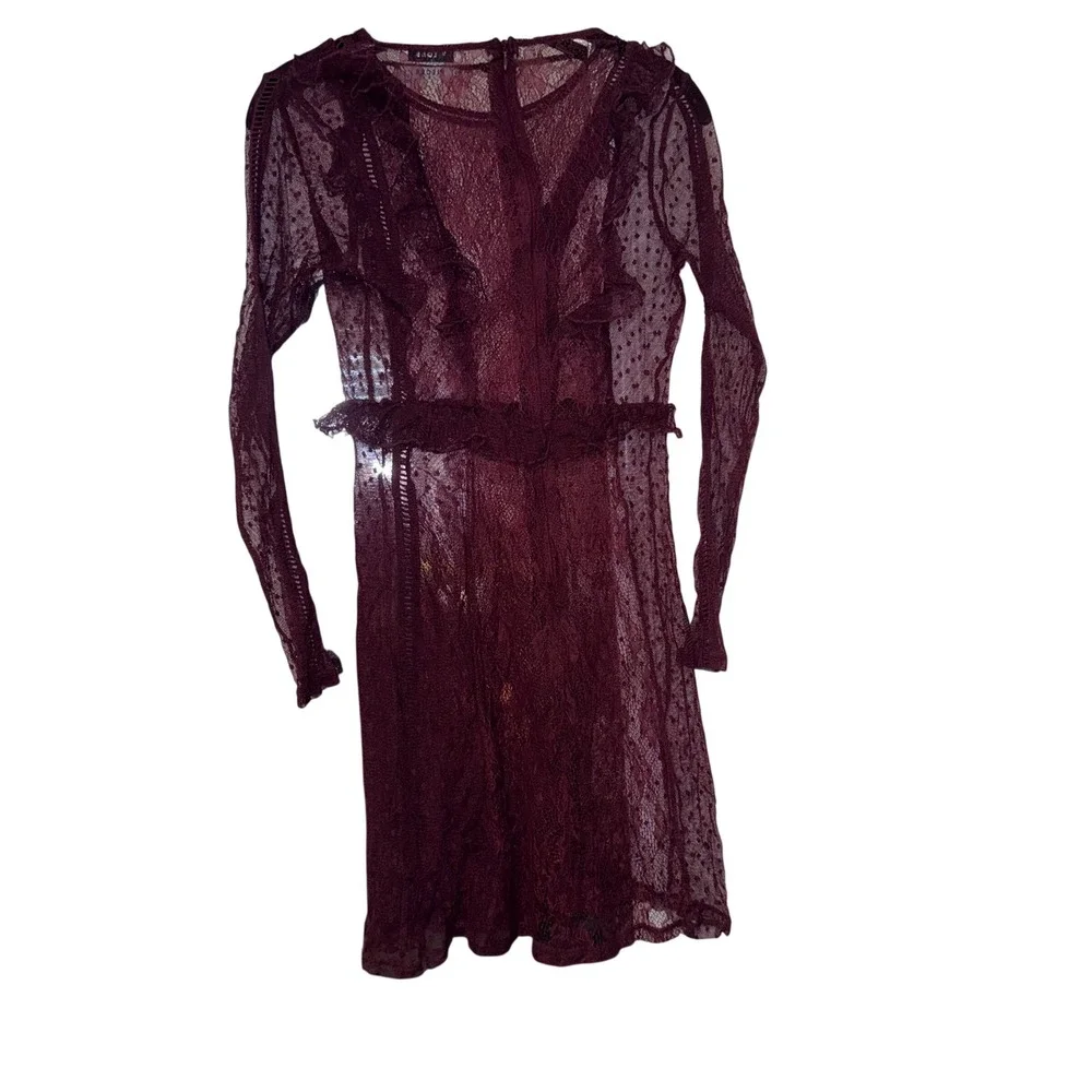 Pieces Burgundy Lace Sheer Mini‎ Dress Womens M